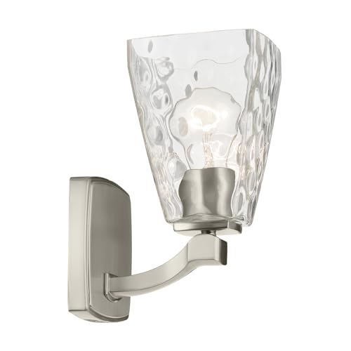 Image of Kichler Marant 5 inch 1-Light Wall Sconce Bathroom Light Fixture with Clear Water Glass in Brushed Nickel for Bathroom, Powder Room, Hallway (5 inch W x 9.5 inch H), 55214NIWTR
