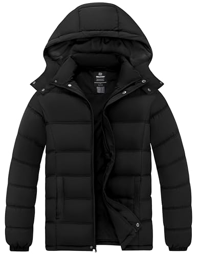 wantdo Men's Hooded Puffer Jacket Warm Insulated Winter Coat Waterproof Hooded Parka(Black,Large)