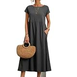 Vestido retro de color sólido de verano elegante cuello redondo manga corta algodón y lino vestido de mujer casual suelto chaleco vestido falda larga-gris oscuro, S