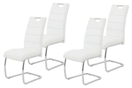 Hela Tische 4er Set Schwingstuhl, Küchenstuhl Flora, Kunstleder Weiß, Griffmulde, Metallgestell verchromt, 42x57x98 cm