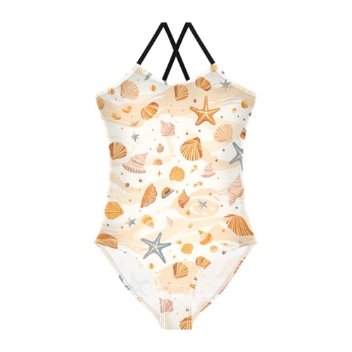 KLL Shells Ocean Waves Beach Starfish White Toddler Girl 1 Piece Swimsuit Beach Swimwear Adjustable Strap Cute