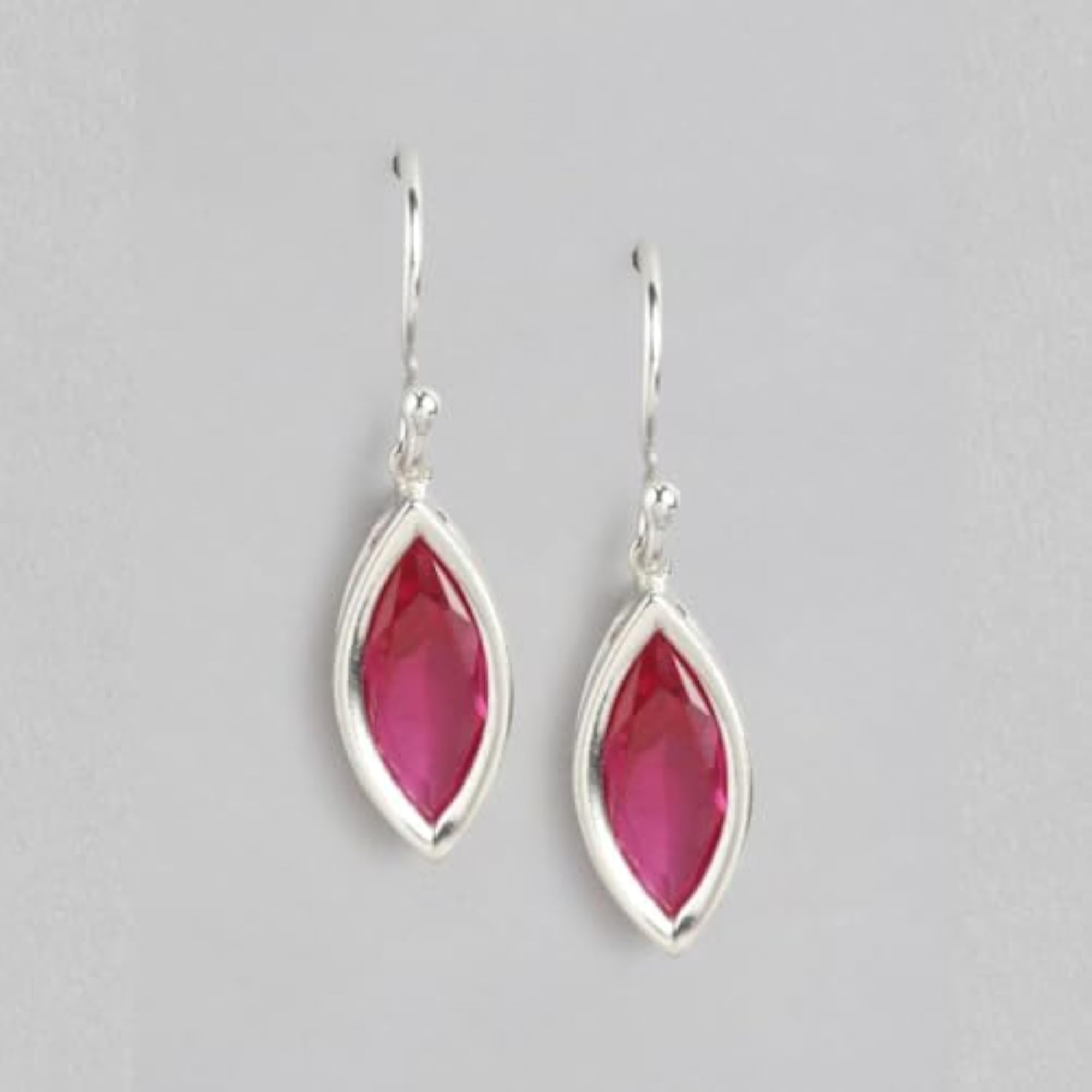 925 Silver Red CZ Rhodium Dangler Earrings with Hallmark