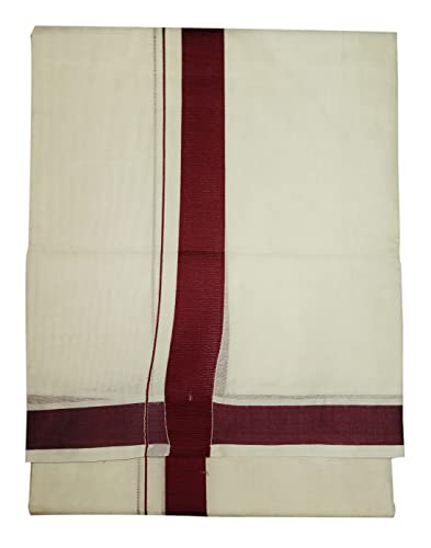 Image of Mens Thick Border 100% Cotton Cream Dhoti 4.0 Meters Double Mundu /Vesti
