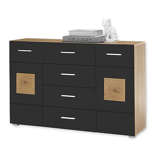 Stella Trading 36-191-V2 Georgia Artisan Eiche Nb. / Schwarz Kommode Sideboard Beistellkommode mit Schubladen und 2 Türen ca. 140 x 92 x 40 cm