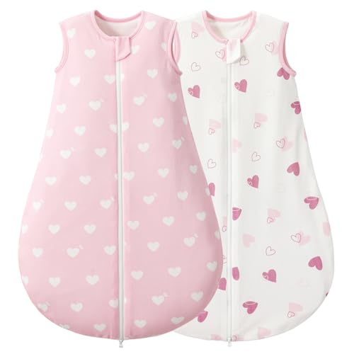 LULUMONKEY Baby Sleeping Bag 1.0 Tog 18-36 Months 2 Pack 100% Cotton Summer Newborn Sleep Sack Baby Wearable Blanket Heart