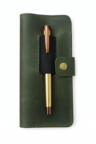 Image of Distressed Leather Checkbook Cover with Pen Holder Full Grain Green Leather Check Book Cover for Personal or Duplicate Checks Executive Checkbook Wallet for Men Women Slim Gift Organizer