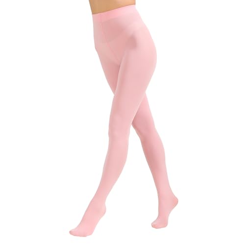 Paralinda Womens 80 Denier Solid Color Opaque Tights High Waist Footed Pantyhose (Pink L/XL)
