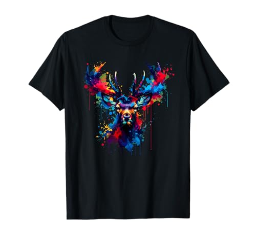 Colorful Splash Art Moose Lover Elk Buck Reindeer T-Shirt