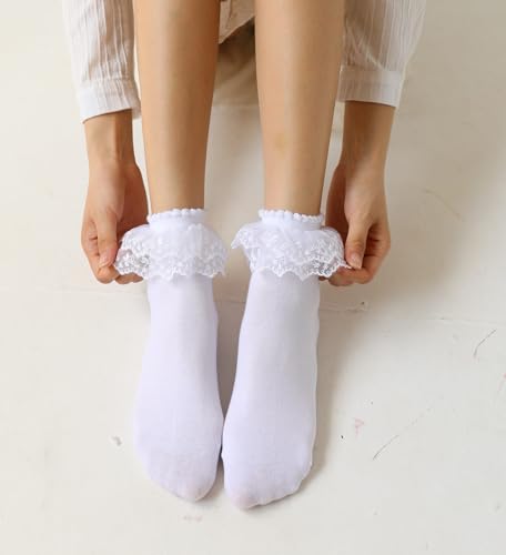 SRYL Lace Ruffle Socks for Women, Girls Lace Frilly Socks, White Cotton Cute Princess Dress Socks4