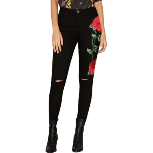 Women's High Rise Stretch Ripped Denim Jeans Floral Embroidery Skinny Fit Slim Pants2