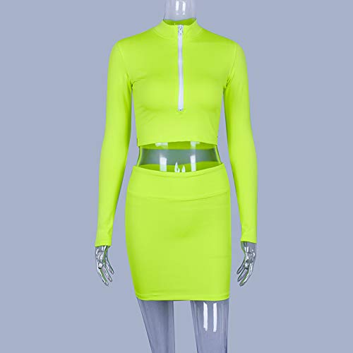 Riclena Women's Sexy Front Zipper Long Sleeve Skinny Crop Top Shorts Two Piece Set Tracksuit (Large, Green Dress) - Thumbnail 4