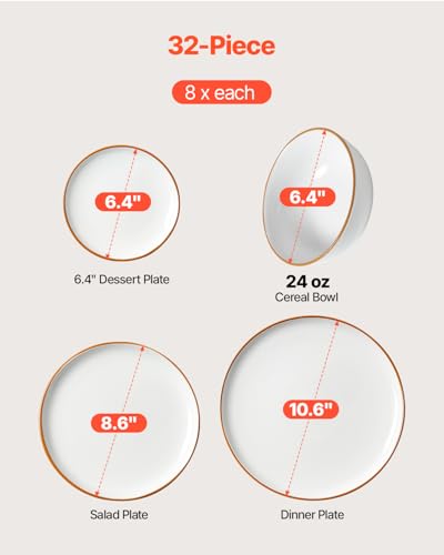 Image of VEVOR Dinnerware Set, Service for 8 (32 PCS), Round Plates and Bowls Sets, Scratch Resistant Ceramic Dinner Ware, Dishwasher and Microwave Suitable Kitchen Dish, for Dessert Salad Soup Pasta, White