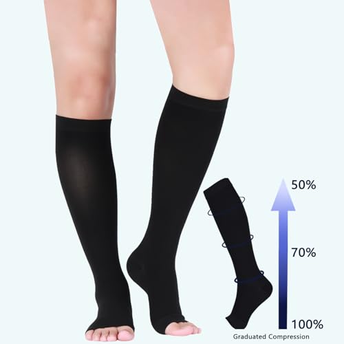 Image of Lin Performance Compression Socks for Women and Men, 20-30 mmHg Open Toe Knee High Stockings, Leg Support for Daily & Travel Comfort (M, Black)
