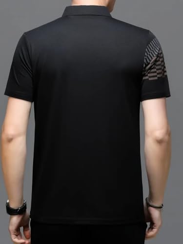 Image of Men's Irregular Geometric Pattern and Alphabet Print Sports Collar Tshirt (Rizim Temu Print Polo-Black)