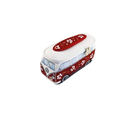 BRISA VW Collection Volkswagen VW T1 Bus Bolsa Universal de Neopreno, Estuche para lápices, Caja de papelería, Neceser, Bolso de Maquillaje-Cosméticos-Aseo para Escuela/Oficina/Regalo - Hibisco/Rojo