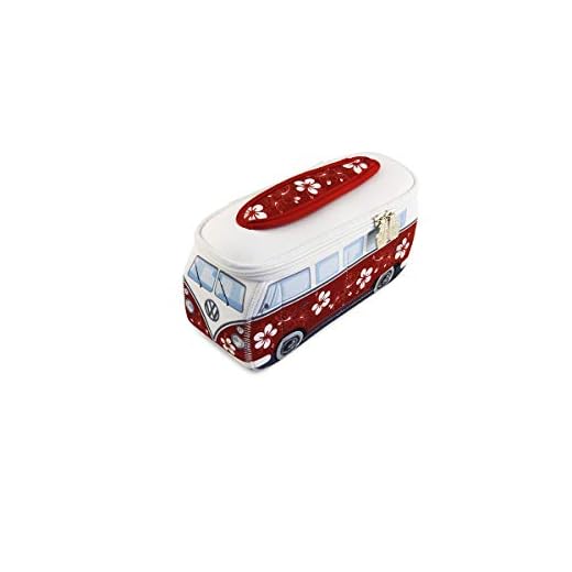 BRISA VW Collection Volkswagen VW T1 Bus Bolsa Universal de Neopreno, Estuche para lápices, Caja de papelería, Neceser, Bolso de Maquillaje-Cosméticos-Aseo para Escuela/Oficina/Regalo - Hibisco/Rojo