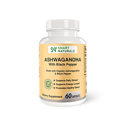 Smart Naturals Organic Ashwagandha with Black Pepper Herbal Supplements, Relieves Stress, Improves Focus, Energizes Body, and Aids in Sleeping - 60 Capsules