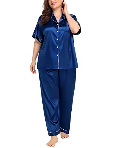 Image of SWOMOG Women's Plus Size Pajamas Silk Satin Pajama Set Short Sleeve Shirt with Full-Length Pants Pjs Sleepwear Set 18W-26W