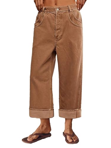 Flamingals Wide Leg Cropped Jeans for Women Mid Rise Boyfriend Jean Baggy Roll Hem Layered Pocket Casual Pants