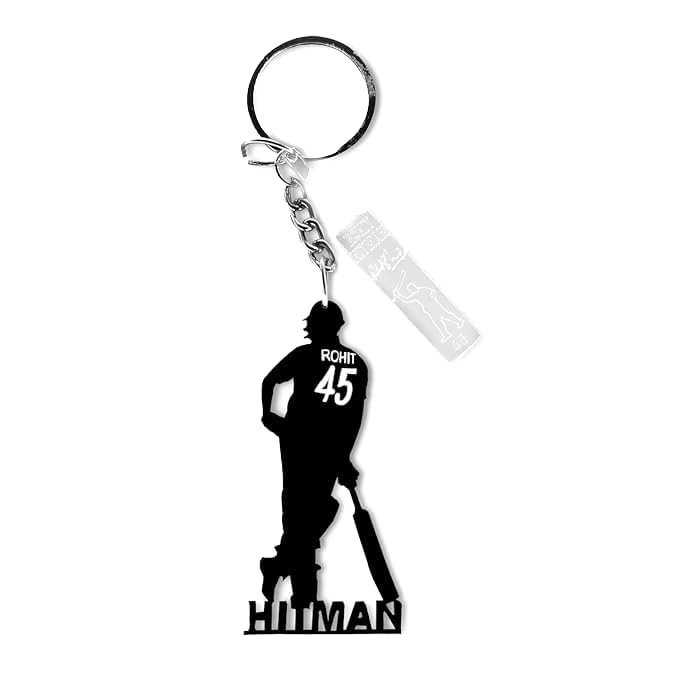 UNIQUE MINIATURERohit Sharma Acrylic Keychain With Signature Bat - Stylish Cricket Memorabilia For Fans, Perfect For Sports Fans.,Black