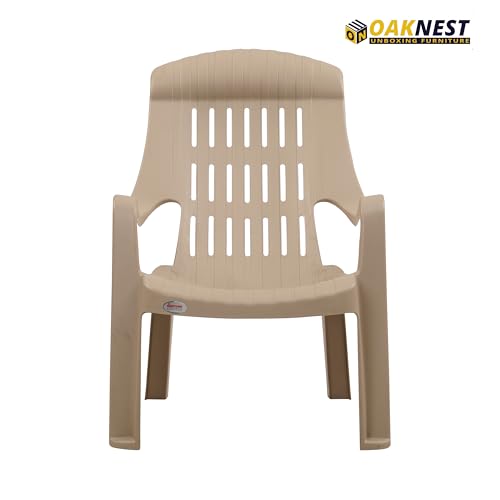 Image of Oaknest Supreme Comfy Relaxing Chair - Ergonomic High-Back Plastic Armchair for Home, Garden, Balcony & Patio | Heavy-Duty, Weather-Resistant & Easy to Clean | Dark Beige | Set of 2