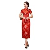 REDBMX Chinese Style Vintage Qipao Summer Short Sleeve Long Qipao Traditional Dress Women Cheongsam Middle Age Women Clothing