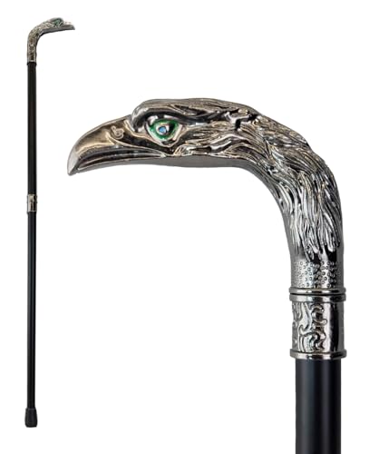 Canne de marche aigle argenté 90 cm, canne de dandy en bois et pommeau rapace