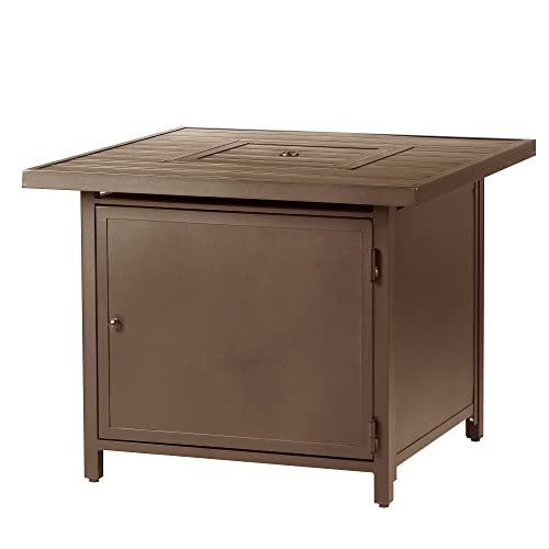 Image of Oakland Living Square 32 in. x 32 in. Aluminum Propane Fire Pit Table with Glass Beads, Two Covers, Lid, 37,000 BTUs in Brown Finish