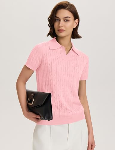 Image of Micoson Womens Short Sleeve Sweater Tops Lapel V Neck Polo Shirts 2026 Summer Cable Knit Loose Blouse Business Casual Outfits