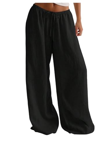 SweatyRocks Women's Linen Palazzo Pants Low Waist Casual Wide Leg Long Trousers with Pockets Black Large