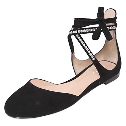 YDN Women Chic Round Toe Ankle Wrap D'Orsay Ballet Flats Lace Up Cutout Faux Suede Ballerina Dress Shoes