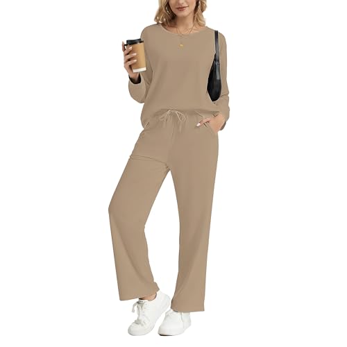 MAGICATELIER Women 2 Piece Matching Lounge Sets Long Sleeve Top Wide Leg Pants Pockets Travel Sweatsuit Casual Tracksuit