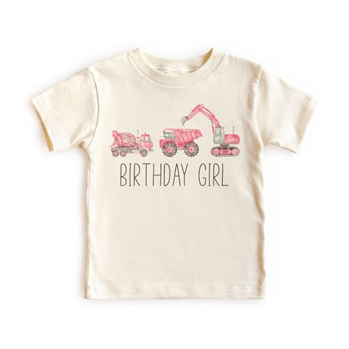 Birthday Girl Pink Trucks Toddler Shirt - Construction Zone Backhoe Tractor Digger Cement Mixer Excavator Outfit - Natural Toddler & Youth Girls Graphic Tee