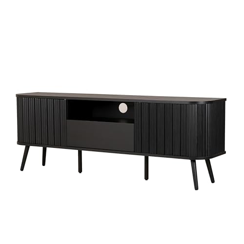 Damien 70 in. Farmhouse Curved TV Stand with Drawer and Storage Doors Fits TVs up to 75 in. with Cable Management, Black for Living Room, Bedroom, Dining Room - JONATHAN Y TVS1001C