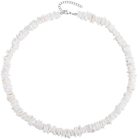 MPRAINBOW White Puka Shell Necklace - Summer Beach Surfer Jewelry Handmade Hawaiian Smooth Seashell Necklaces for Girls Boys, Beaded Choker Cross Necklace Pendant with Extension Chain for Women Men