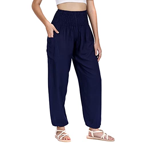 Lofbaz Sarouel Femmes Pantalon Fluide Rayonne Impression Été Taille Boho Harem Pantalon Solid Bleu Foncé 3XL
