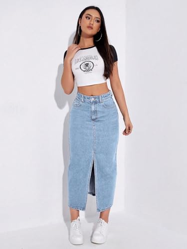 Image of Aahwan Women's & Girl's Black Solid High Waist Slit Below The Knee Denim Skirt