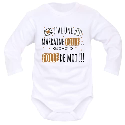 IDYLEA Body naissance il est fou... fou de moi » – Cadeau bébé Noël - Cadeau nouveau-né mixte - - 2-3 mois, MARRAINE - MANCHES LONGUES
