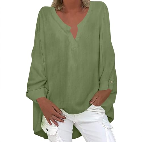 Womens Long Sleeve Shirts Dressy Business Casual Tops Tunic Fall Fashion Oversized V Neck Blouse Trendy Outfits Green