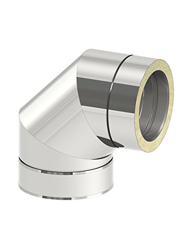 Schornstein - Winkel DW doppelwandig 90° starr, Innendurchmesser 130mm; Innen/Außen je 0,5 mm Wandstärke, Edelstahl Cover