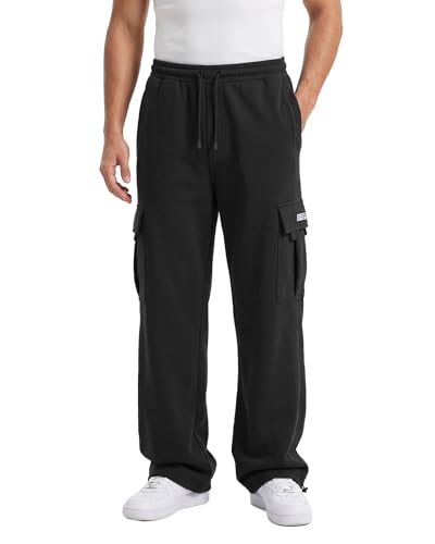 Image of Men's Cargo Sweatpants Casual Fleece Joggers Loose Fit Open Bottom Athletic Pants for Men with Pockets