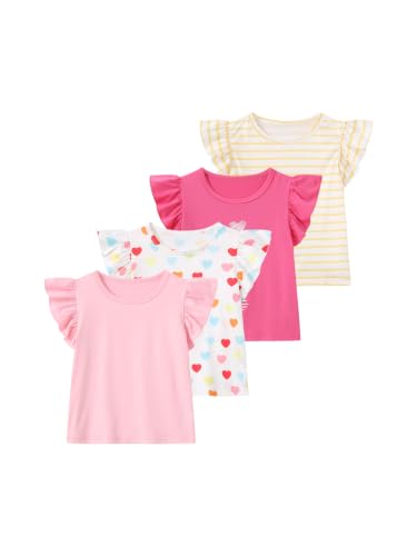 Image of Girls 4 Packs Tees Ruffle Short Sleeve T-Shirt Ribbed Knit Casual Summer Tunic Tops 4-12 Years