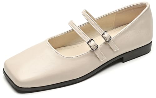 Niction Mary Jane Shoes Square Toe Double Strap Buckle Slip on Ballet Dressy Comfortable Shoes with Buckle Strap for Women's Daily Wear