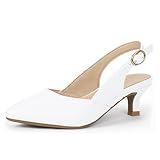 PANDANINJIA Girls Dress Shoes Flower Girl Kitten Heels White Pu Sandals Closed Pointed Toe Slingback Little Big Kid Wedding Party School Size 5 Pumps Shoes