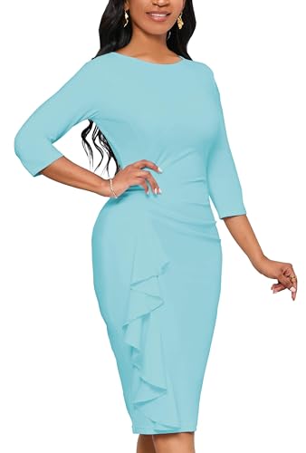 Image of Church Dresses for Women 3 /4 Sleeve Ruffle Vintage Bodycon Cocktail Work Midi Pencil Dress