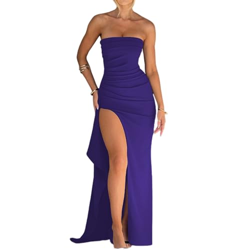 Image of Women's Sexy Strapless Backless High Split Long Maxi Dress Ruched Off Shoulder Sleeveless Bodycon Party Cocktail Dresses