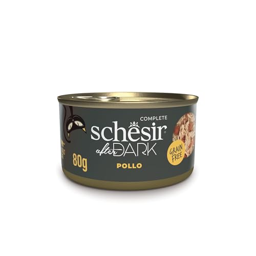Schesir After Dark Hähnchenfilets in Brühe, komplettes Nassfutter für Katzen, aus der Dose, Grain frei, hoher Proteingehalt, feuchtigkeitsspendend, 12 x 80 g