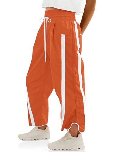 LOMON Womens Baggy Wide Leg Pants 2026 Lightweight Travel Workout Drawstring Contrast Color Pant Elastic Waisted Y2K Track Pants with Pockets (Orange S)