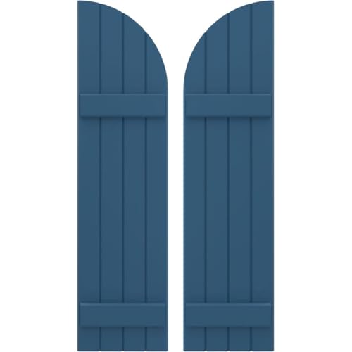 14"W x 73"H Americraft Four Board (2 Batten) Joined Exterior Real Wood Joined Board-n-Batten Shutters w/Arch Top (Per Pair), Sojourn Blue