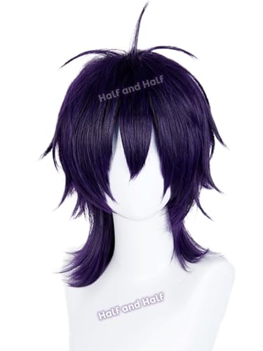Image of Half and Half Dark Purple Wolf Cut Wig for Narancia Cosplay, Short Black Purple JJBA Anime Wigs with Bangs 16.5'' Shoulder Length Spiky Layered Wigs for Men Women Halloween Party Daily